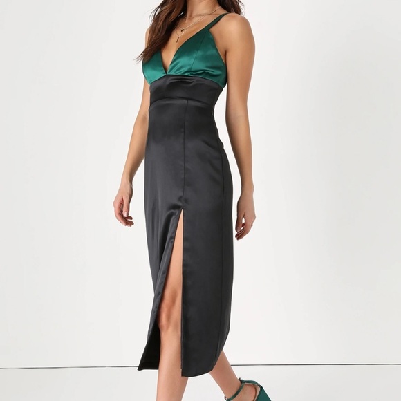 Lulus Modern Moments Green and Black Color Block Satin Midi Dress - Picture 1 of 11